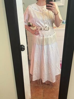 White Cotton Vintage Fringe Western Rodeo Maxi Dress Studded Belt BOHO Festival
